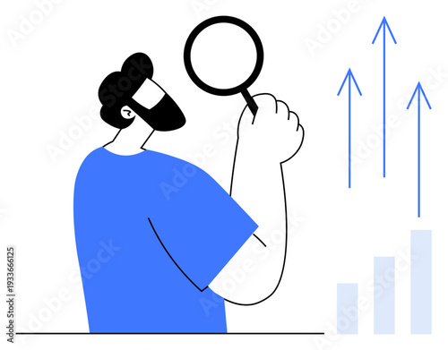 Data analysis concept. A man examines a magnifying glass next to growth chart arrows, data analysis, monitoring trends, and achieving business growth. For business, strategy, analytics, research
