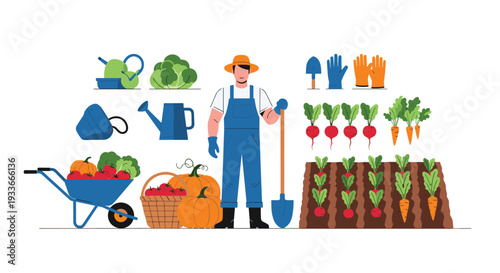 Friendly farmer character standing with gardening tools including a shovel and wheelbarrow alongside fresh vegetables in a flat illustration.