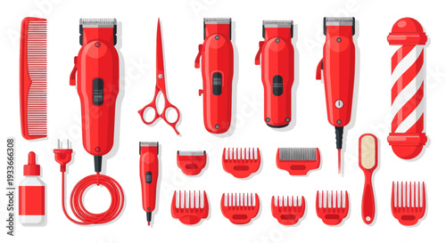 Barber Tools Set: Clippers, Scissors, Comb, Oil, Brush & Barber Pole