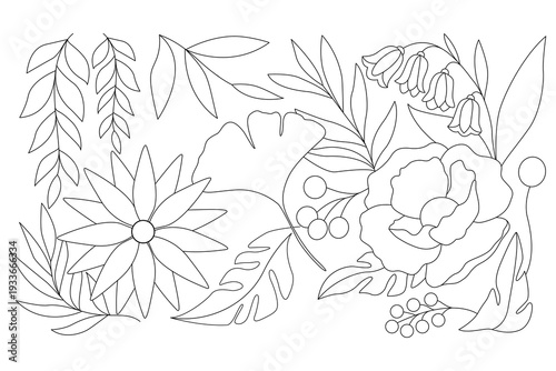 A detailed line art of various floral elements in a botanical arrangement