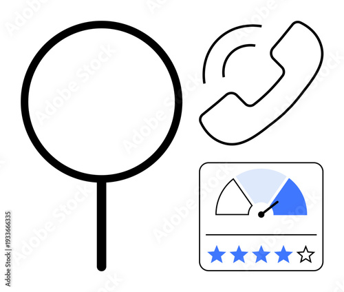Search concept. Search tools combined with phone communication and user ratings. Search enhances call inquiries and provides accurate reviews. For customer service, reviews, analytics, research