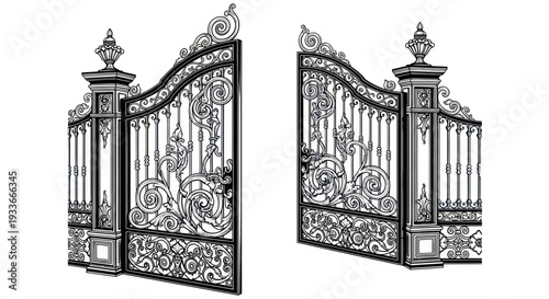 Ornate Wrought Iron Gates, Open Entrance, Decorative Metalwork, Classical Architecture Element
