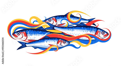 School of Sardines Swimming Through Colorful Wavy Lines
