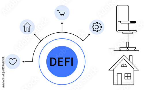 Decentralized finance, digital innovation, financial technology, investment tools, asset management, blockchain system. Circular diagram with DEFI in center and icons thumbs up house, gear, and cart