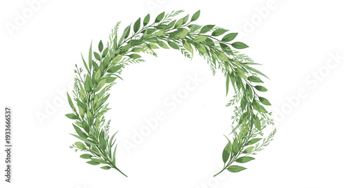 Circular green leaf wreath illustration composed of delicate foliage and twigs suitable for botanical designs or wedding invitations.