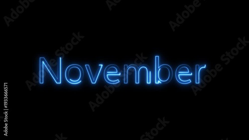 Cyan Neon November Text Animation with Glowing Electric Light Effect on Black Background; Monthly Calendar Concept for Digital Signage, Social Media Intro, and Winter Season Events.