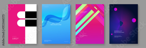 Comprehensive set of four abstract posters featuring geometric lines fluid waves and bold neon color palettes