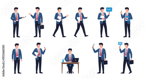 Comprehensive character sheet of a businessman in a blue suit showing various actions like walking, talking, sitting, and working.