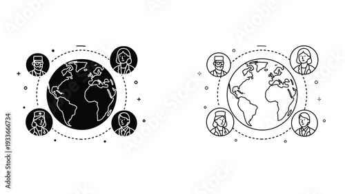 A globe icon illustration with people around it in a circular formation