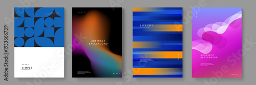 Set of four diverse abstract backgrounds including blue geometric tiles blurry liquid gradients horizontal motion lines and soft purple waves for creative media