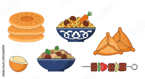 A vibrant illustration of diverse international cuisine displayed on a clean white surface from a direct overhead viewpoint.