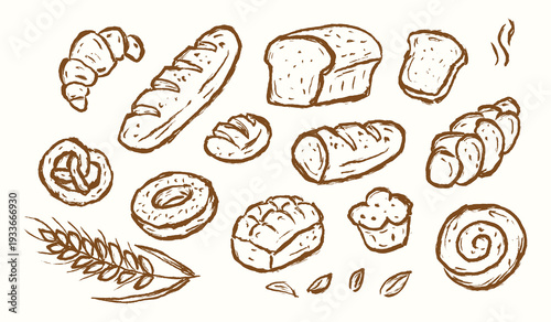 Bread hand drawn illustration set. Bread background. Bakery vector doodle elements. Scribble of pastry menu collection with brioche, croissant, donut, pretzel, wheat, toast, baguette, loaf.