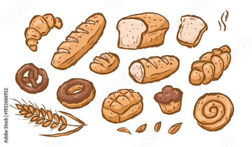 Bread hand drawn illustration set. Bread background. Bakery vector doodle elements. Scribble of pastry menu collection with brioche, croissant, donut, pretzel, wheat, toast, baguette, loaf.