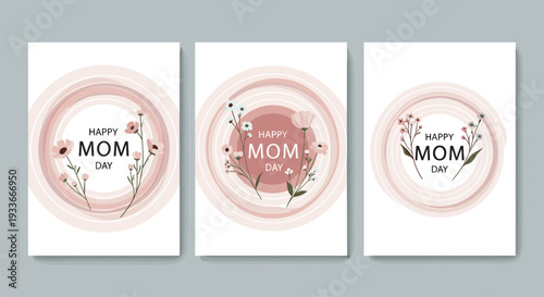 Three elegant greeting cards for Mothers Day featuring delicate flowers and Happy Mom Day text inside artistic soft pink circles.