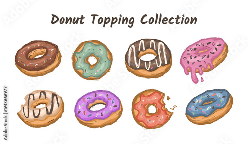 Donut hand drawn illustration set. Colorful doughnut vector doodle elements. Scribble of donut menu collection with various topping like chocolate, matcha, strawberry, orange, vanilla, caramel.