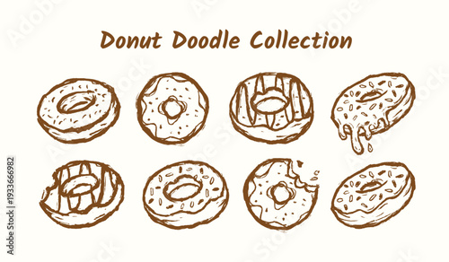 Donut hand drawn illustration set. Doughnut vector doodle elements. Scribble of donut menu collection with various topping like chocolate, matcha, strawberry, orange, vanilla, caramel.