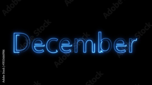 Cyan Neon December Text Animation with Glowing Electric Light Effect on Black Background; Monthly Calendar Concept for Digital Signage, Social Media Intro, and Winter Season Events.
