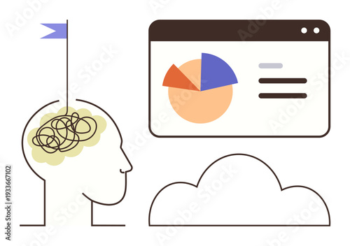 Mental health, data analytics, cloud computing, technology concepts, decision-making, psychology. Human head with tangled brain, pie chart in browser cloud icon. Mental health and data analytics