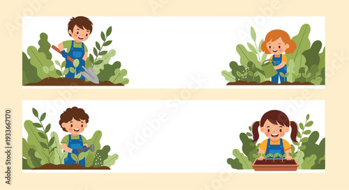 Two horizontal banners showing happy children gardening and planting seeds while surrounded by lush green bushes and plants.