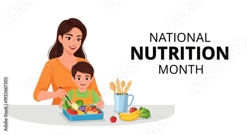 A woman and child plan a balanced meal with fresh food, promoting healthy eating and nutrition awareness during National Nutrition Month.