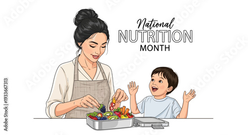 A woman and a child preparing a colorful salad together for National Nutrition Month with a focus on healthy eating and nutrition awareness.