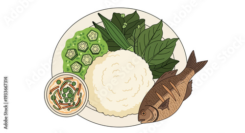 A delicious plate of Thai cuisine featuring fish, rice, and vegetables from an overhead viewpoint.