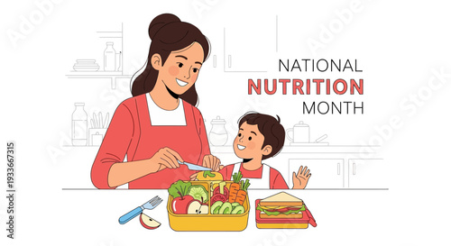 A mother and child prepare a healthy meal together for National Nutrition Month, emphasizing proper nutrition and balanced diet.