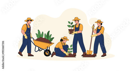 Group of four farmers working together in a garden using tools like a shovel and wheelbarrow to plant young trees in the soil.