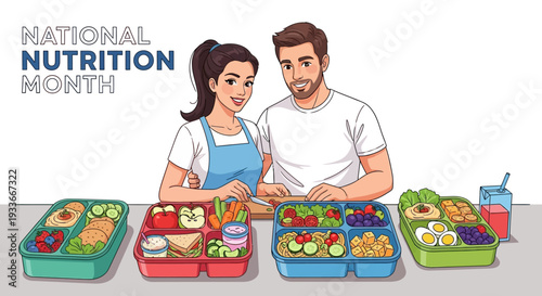 Couple preparing healthy meals with various food groups and MyPlate guidelines for nutrition awareness and education during National Nutrition Month.