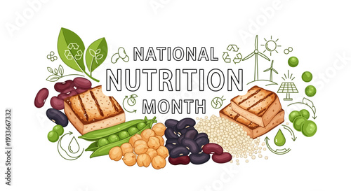 National Nutrition Month design with healthy food choices and MyPlate guidelines for nutrition awareness and education.