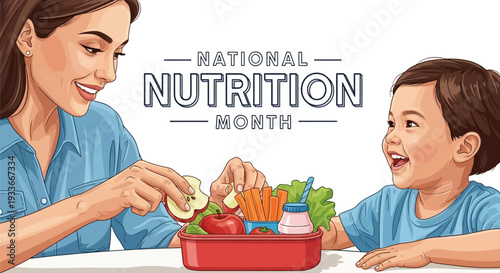 A woman and a child sitting at a table with a lunchbox, promoting healthy eating during National Nutrition Month.