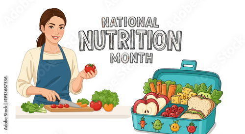 Woman preparing healthy food for National Nutrition Month with a lunchbox full of fruits and vegetables.