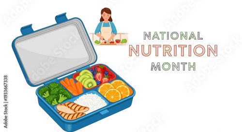 A woman packs a lunchbox with healthy food for National Nutrition Month, promoting balanced diet and nutrition awareness.