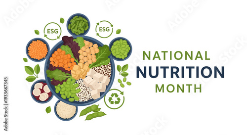 National Nutrition Month illustration promoting healthy eating and balanced diet with various food groups and MyPlate guidelines for nutrition awareness and education.