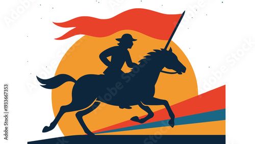 Silhouette of a triumphant rider on horseback with a flowing flag against a vibrant sunset