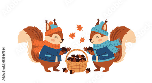 Pair of cute squirrels wearing winter hats, scarves, and coats while collecting acorns into a large wicker basket in an autumn forest.