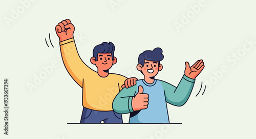 Two men celebrating success together with joy and enthusiasm in a friendly illustration from a straightforward view
