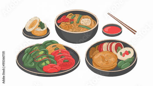 Delicious asian cuisine with stir fried vegetables and noodles in bowls with chopsticks