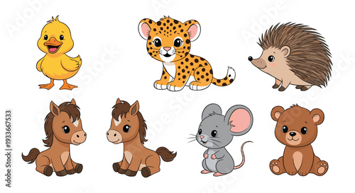 Selection of cute baby animal illustrations including a duckling, a leopard cub, a hedgehog, two horses, a mouse, and a bear cub.