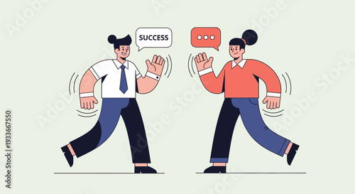 Two business professionals engaged in a discussion while walking together in a modern office environment from a front viewpoint.