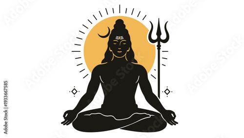 Shiva silhouette icon in meditation with trident and sun background