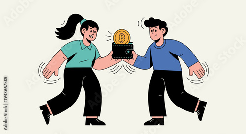 Man and woman exchanging a large gold coin in a financial transaction scene illustration