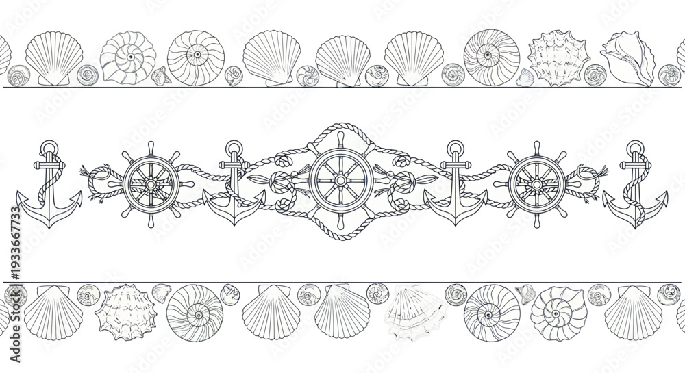Fototapeta premium Nautical Ornaments: Seashells, Anchors, Ship Wheels, Rope Borders