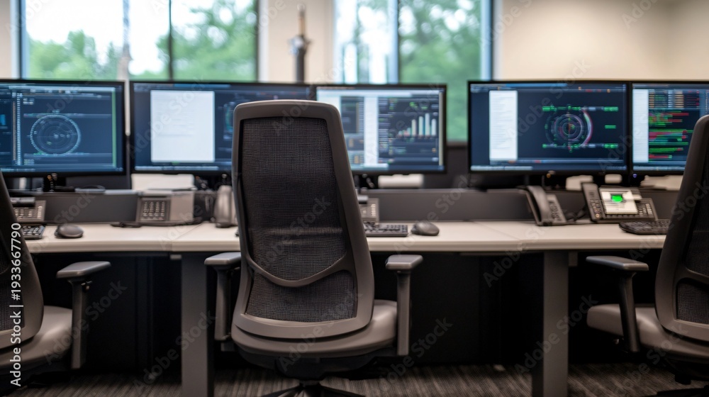Naklejka premium National integrated air and missile defense monitoring hub with synchronized radar tracking consoles and interception coordination dashboards inside reinforced command architecture.