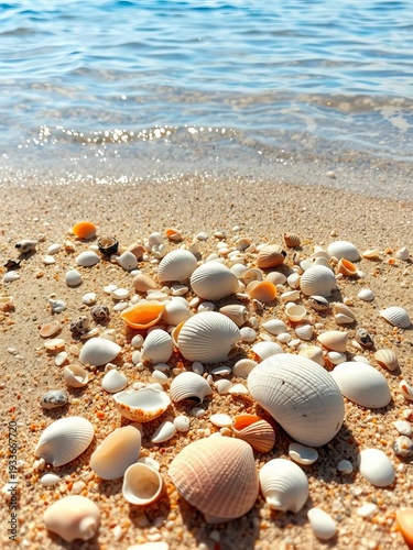 Seashells scattered on sand, sunlit shore, nature's treasures, tranquil ocean backdrop,  texture,  background