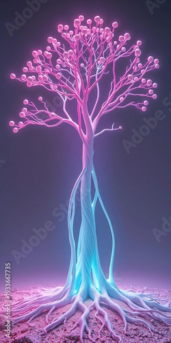 Surreal pastel roots ascend, forming a delicate tree of light, dreamscape visualization,  flowing,  dreamscape