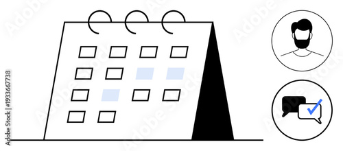 Desk calendar with highlighted dates, user profile silhouette, and chat box with check mark. Ideal for scheduling, online meetings, task management, productivity, planning, approval processes