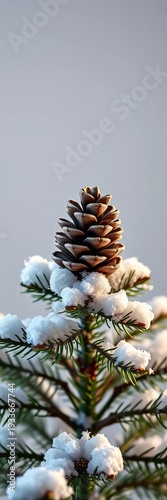 Single perfectly formed pine cone sits atop a pristine, snow-kissed spruce, bathed in ethereal light, Christmas tree,  clean