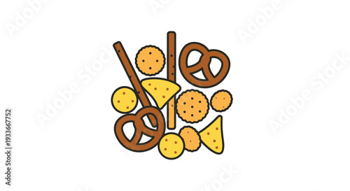 Assorted Crunchy Snacks Collection: Pretzels, Crackers, and Cheese Bites