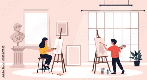 Two children in an art studio sitting at easels while painting on canvases surrounded by art supplies and a classical bust sculpture.